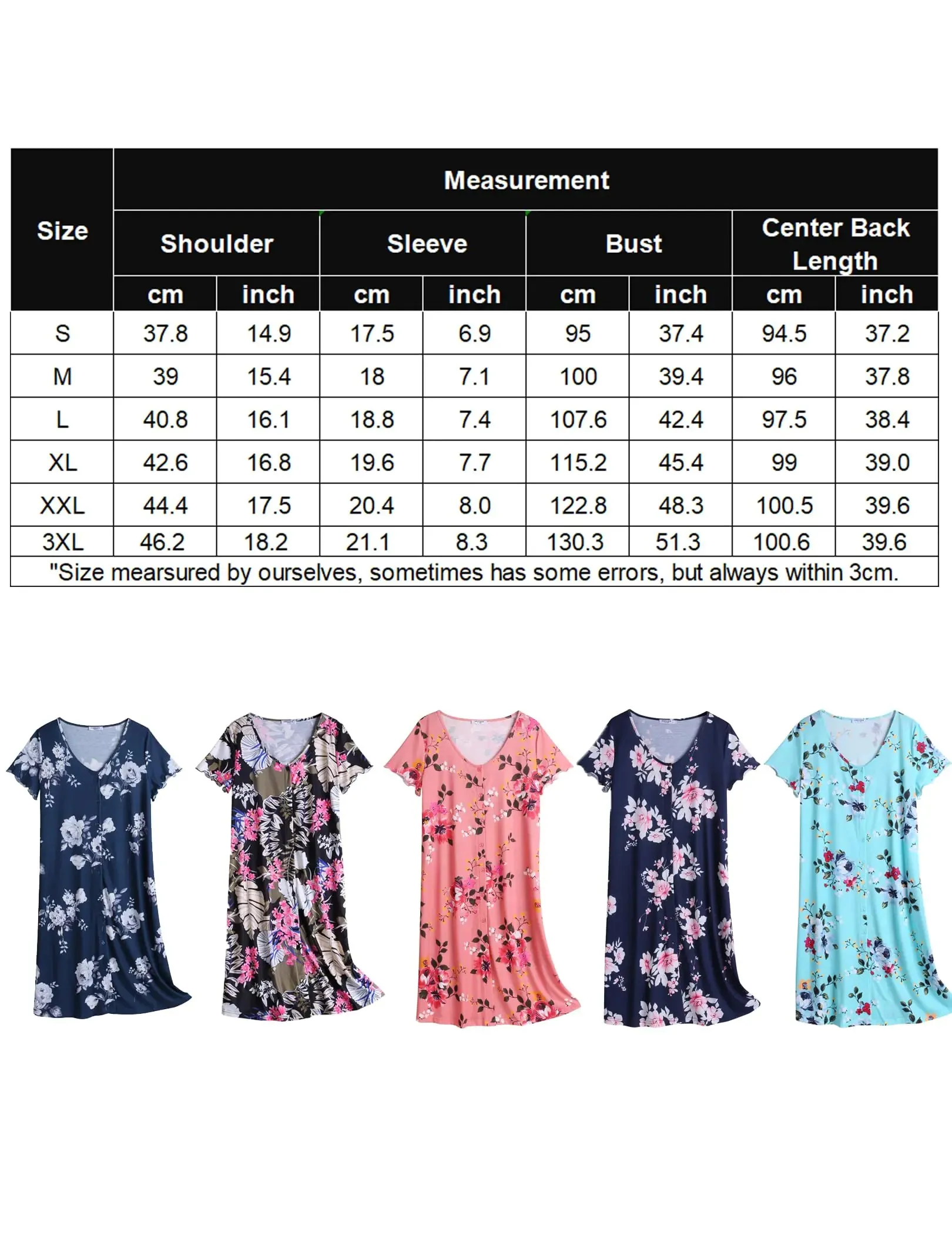 Ekouaer Women's Nightshirt Short Sleeve Button Down Nightgown V-Neck Sleepwear Pajama Dress White Flowers Small