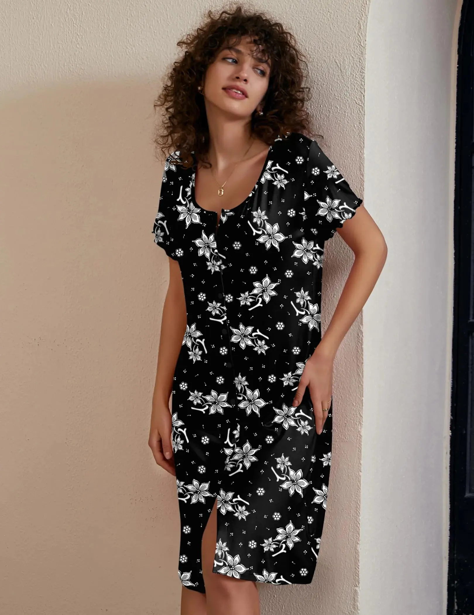 Ekouaer Women's Nightshirt Short Sleeve Button Down Nightgown V-Neck Sleepwear Pajama Dress White Flowers Small