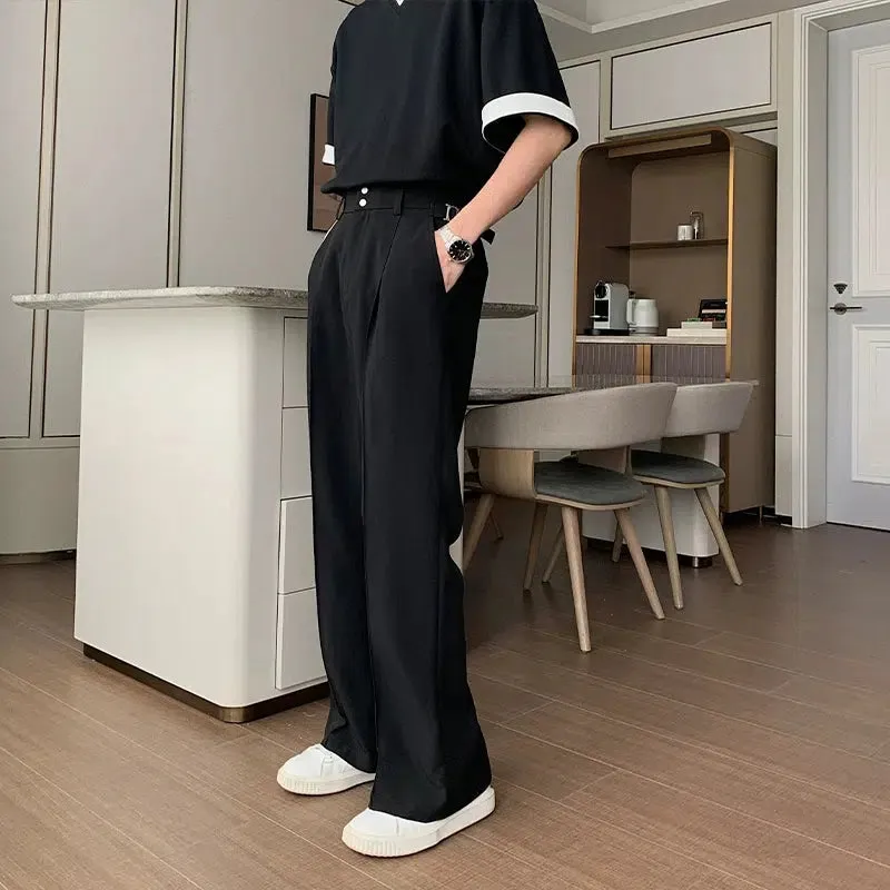 Elastic Waist Straight Leg Pleated Pants