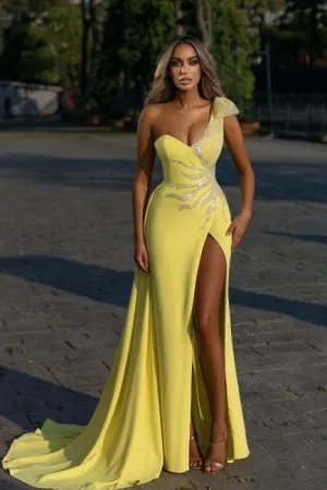 Elegant One-shoulder Yellow High split Sleevless Mermaid Prom Dress