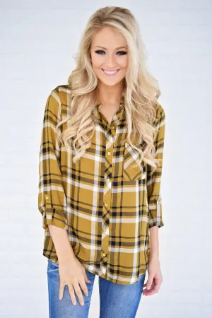 Essential Mustard Plaid Button Up Top