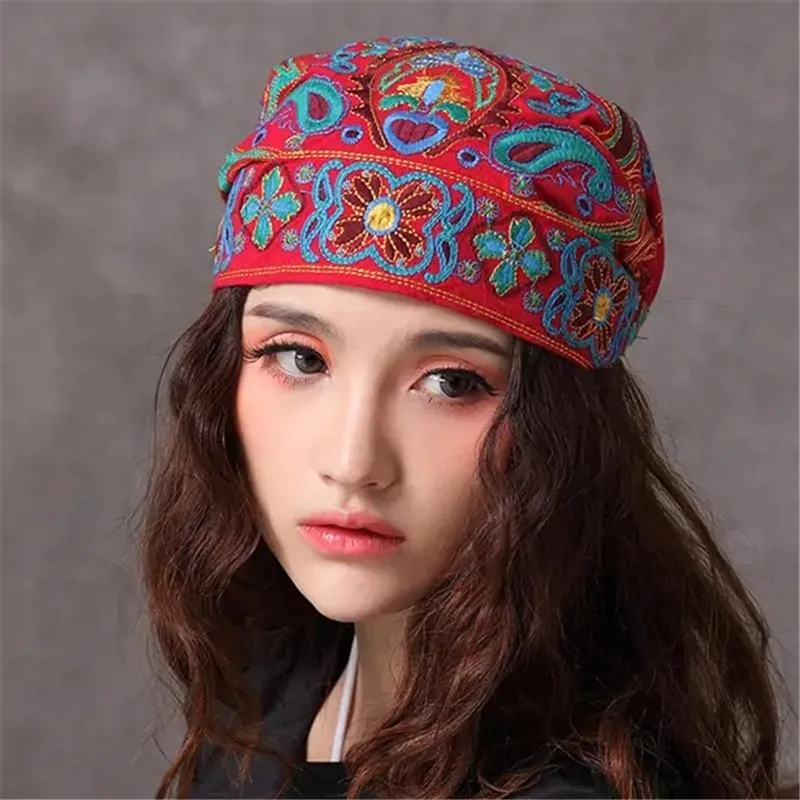 Ethnic Style Embroidery Flowers Slouch Skullcap Cap Beanie Hat