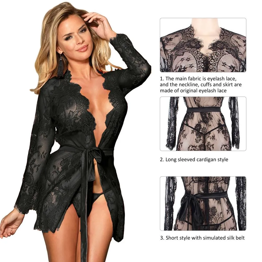 Eyelash Lace Sleepwear Gown With Thong Lingerie Egypt