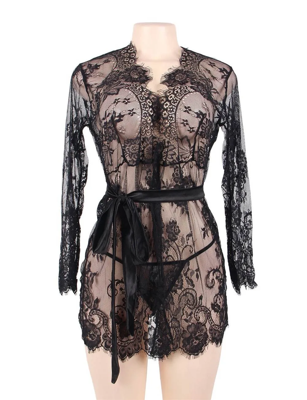 Eyelash Lace Sleepwear Gown With Thong Lingerie Egypt