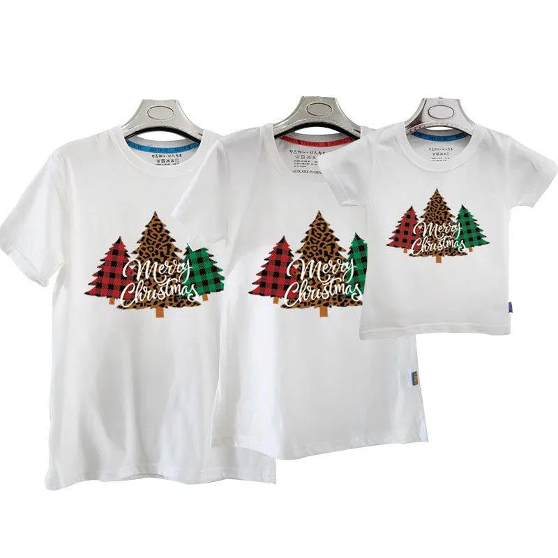 Family Matching Christmas T-Shirts – Plaid & Leopard Tree Design