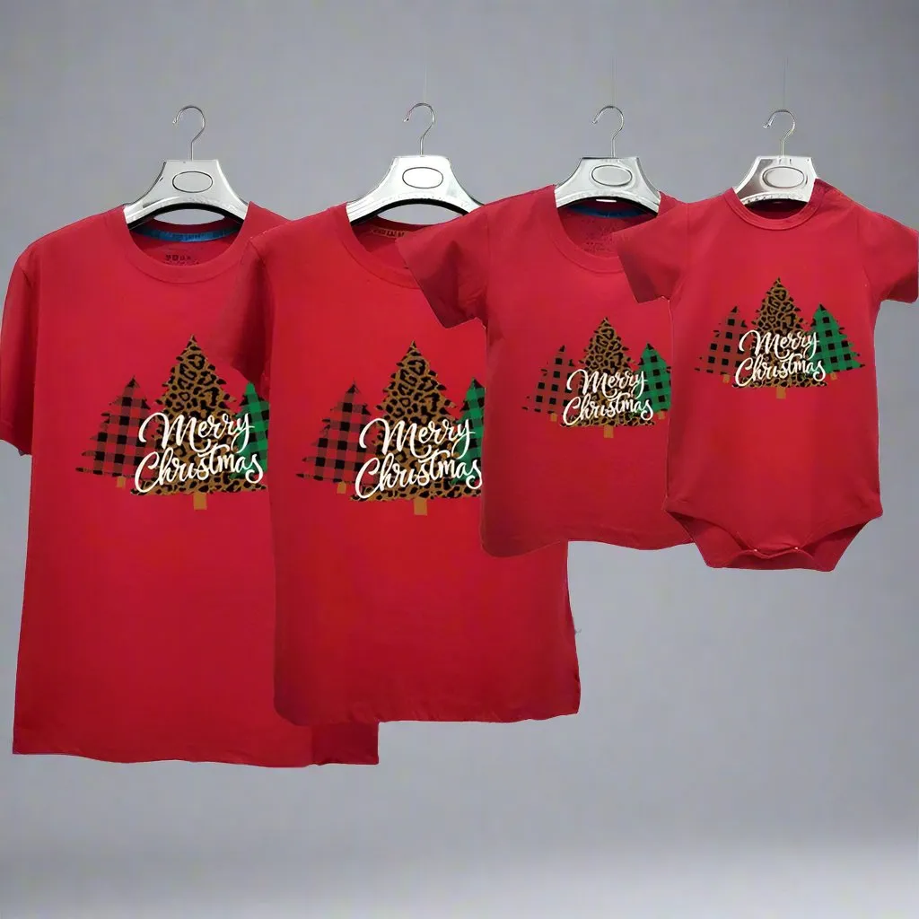 Family Matching Christmas T-Shirts – Plaid & Leopard Tree Design