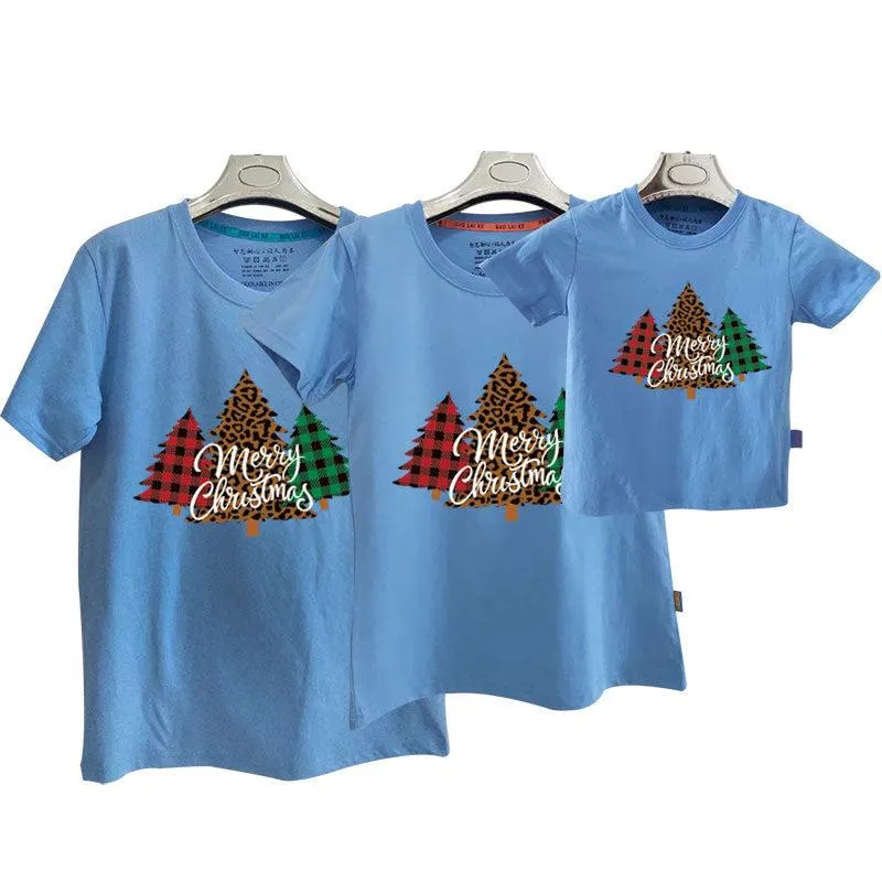 Family Matching Christmas T-Shirts – Plaid & Leopard Tree Design