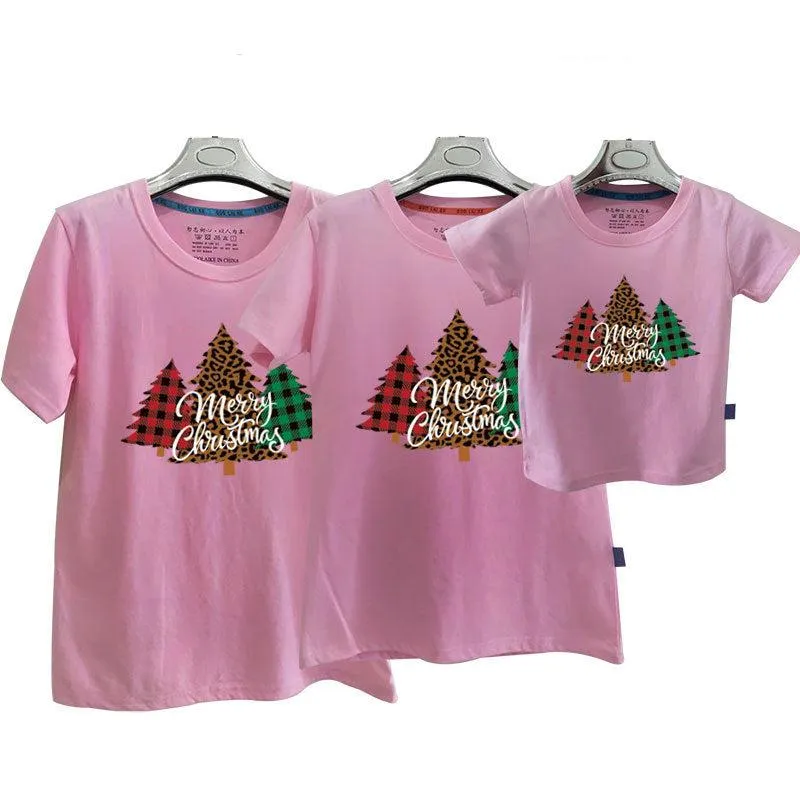 Family Matching Christmas T-Shirts – Plaid & Leopard Tree Design