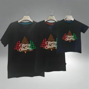 Family Matching Christmas T-Shirts – Plaid & Leopard Tree Design