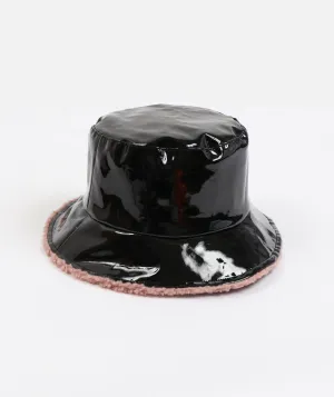Faux Fur Lined Black Patent Rainproof Hat