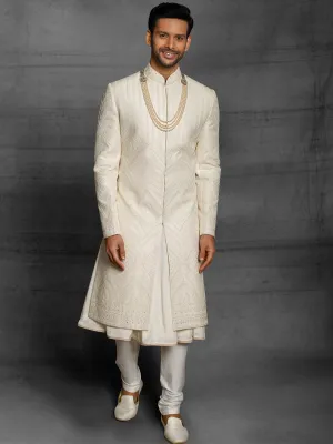 Fine Embroidered White Sherwani
