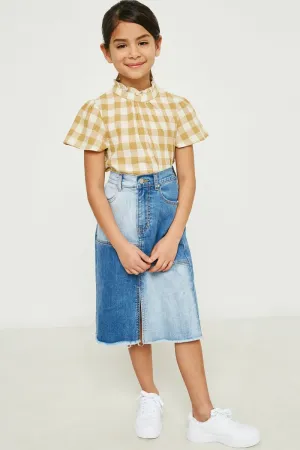 Girls Gingham Plaid Ruffle Neck Blouse