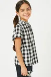 Girls Gingham Plaid Ruffle Neck Blouse