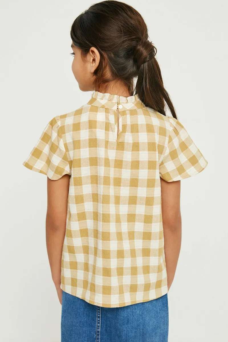 Girls Gingham Plaid Ruffle Neck Blouse