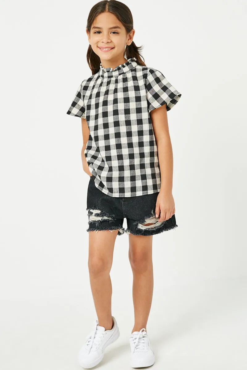 Girls Gingham Plaid Ruffle Neck Blouse