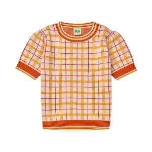 Girls Orange Knitted Plaid Cotton T-Shirt