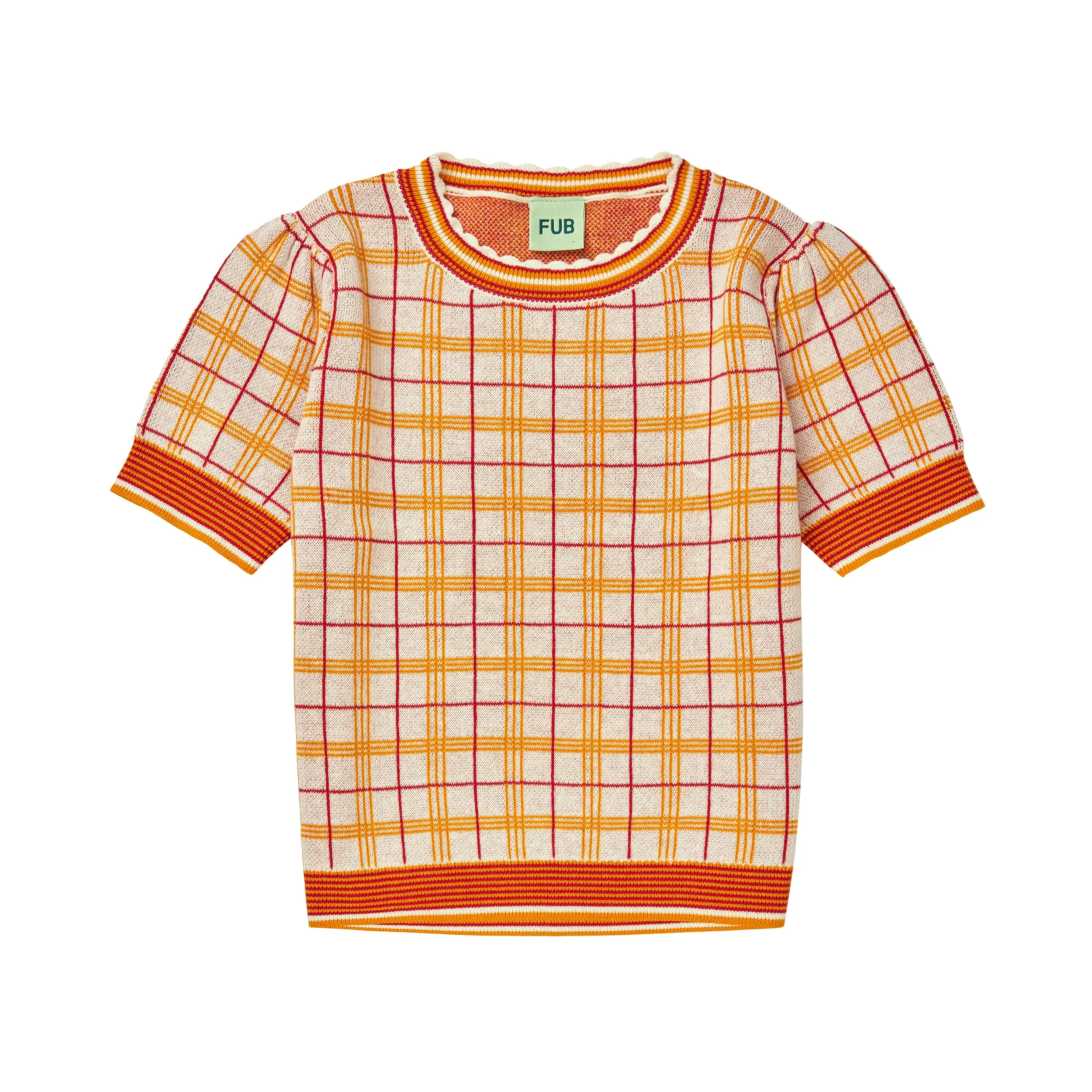 Girls Orange Knitted Plaid Cotton T-Shirt