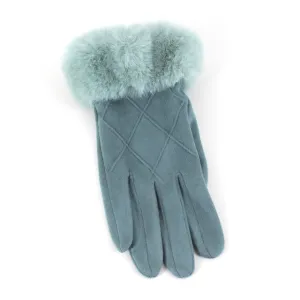 Gloves Diamond Pattern Fur Cuff - Seafoam