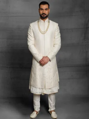 Gold Embellished Cream Sherwani With Statement Drape