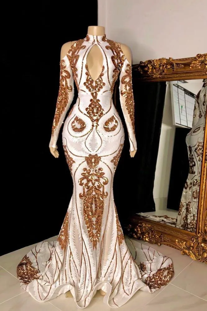 Gorgeous Beading Sequins Keyhole Neckline Cold Shoulder Long Sleevess Mermaid Formal Gowns