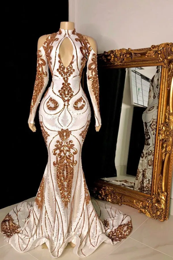 Gorgeous Beading Sequins Keyhole Neckline Cold Shoulder Long Sleevess Mermaid Formal Gowns