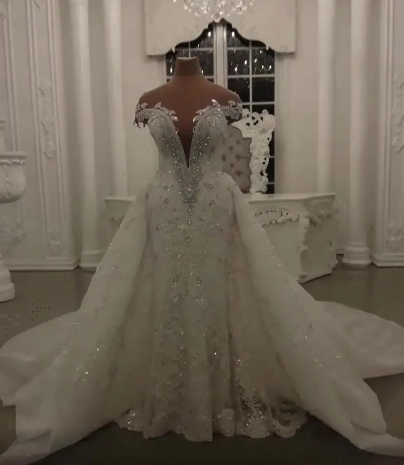 Gorgeous Crystal Lace Off-the-Shoulder V-neck Beading Wedding Dresses with Detachable Overskirt