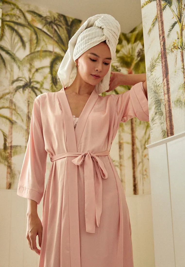 GRACE SATIN SILK KIMONO ROBE BLUSH PINK (LONG)