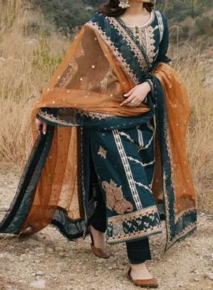 Grace W16- Embroidered 3pc marina dress with embroidered chiffon dupatta.