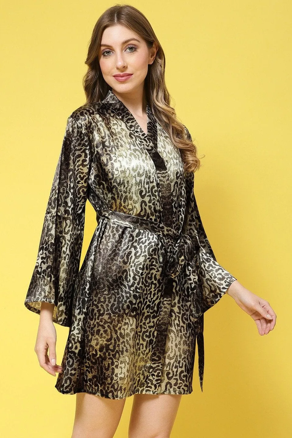 Green Animal Printed Silk Satin Robe