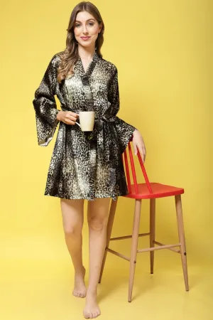 Green Animal Printed Silk Satin Robe