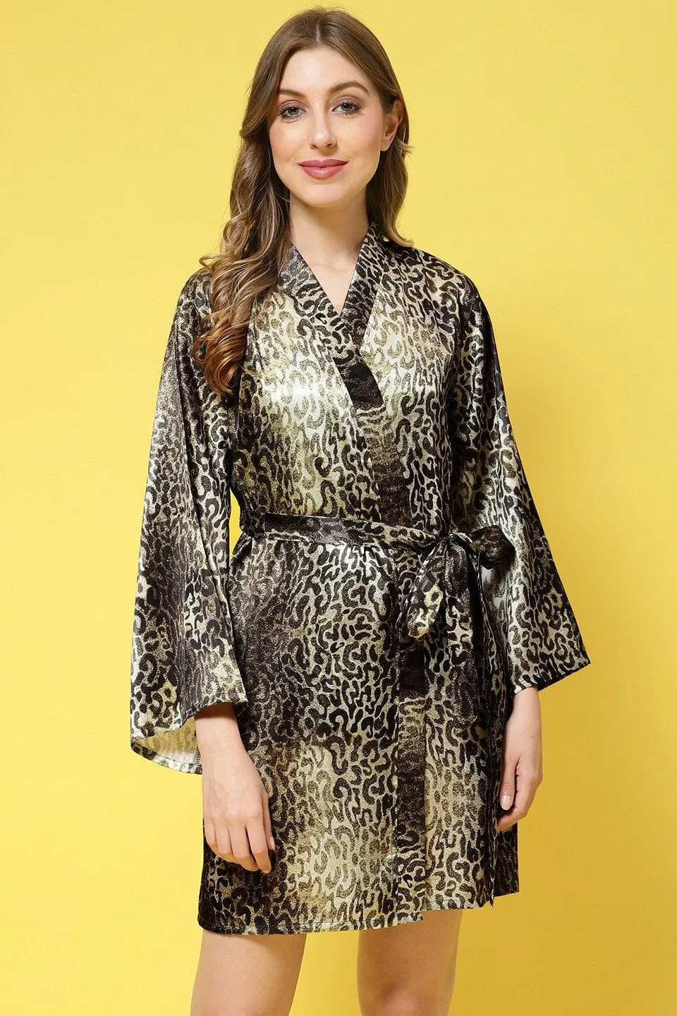 Green Animal Printed Silk Satin Robe