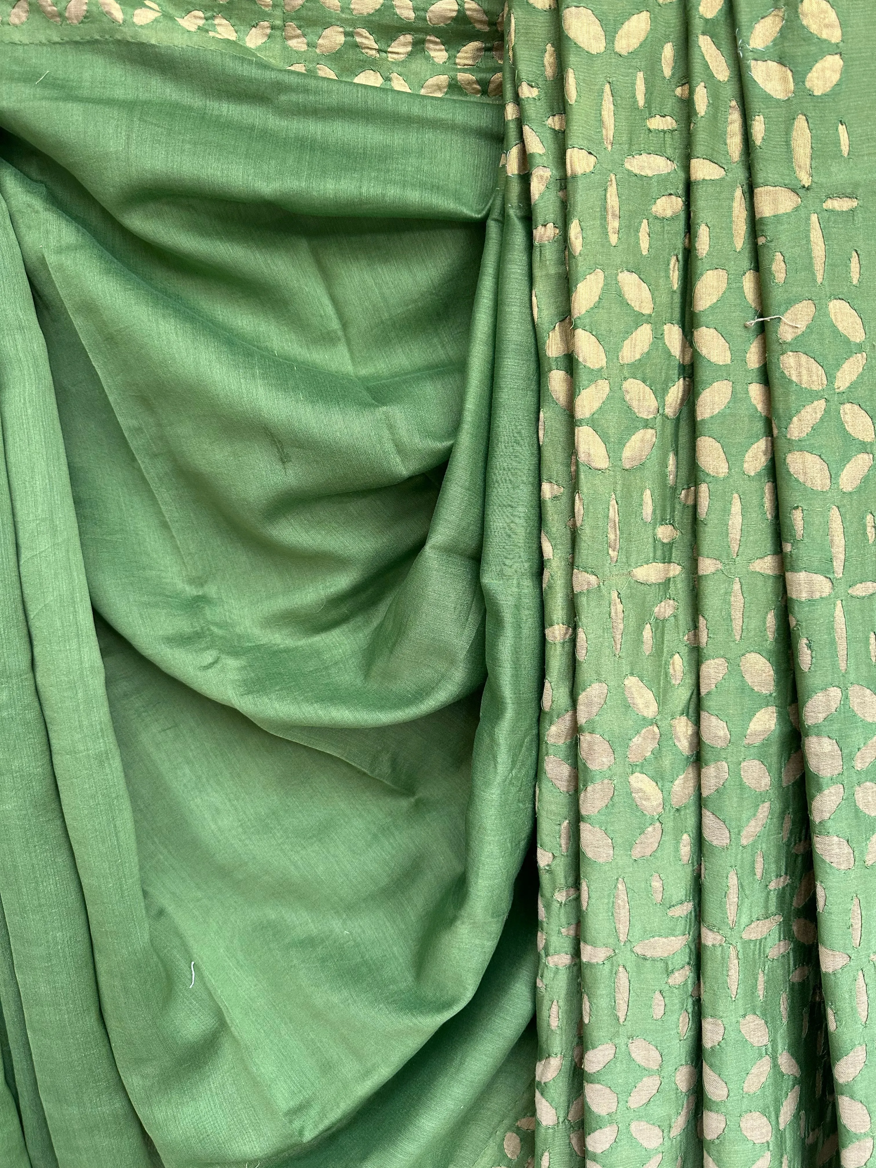 GREEN CHANDERI COTTON SILK HANDCRAFTED APPLIQUE SARI