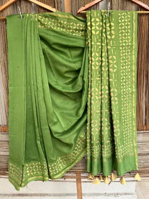 GREEN CHANDERI COTTON SILK HANDCRAFTED APPLIQUE SARI