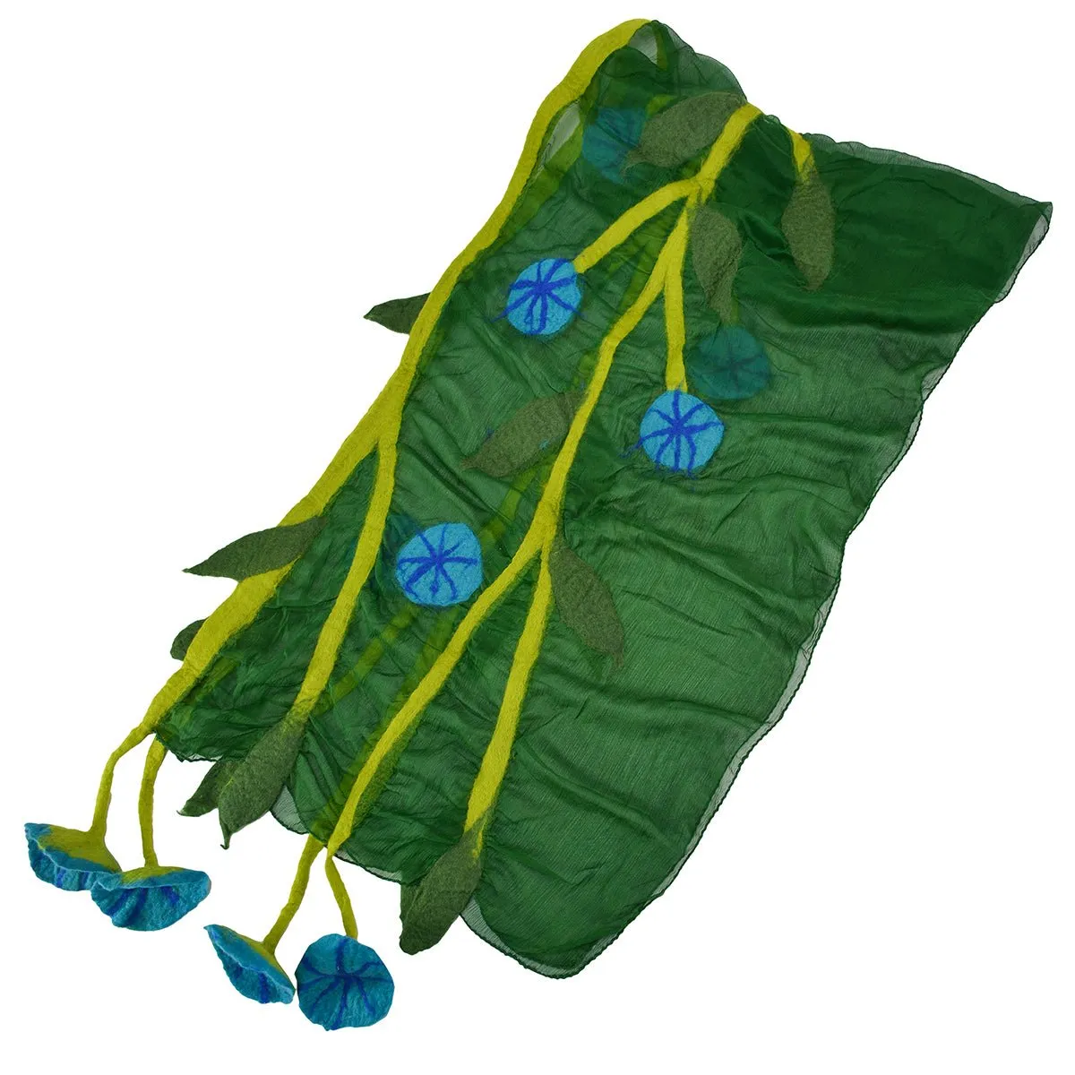 Green Chiffon Scarves with Felted Flower Hanging