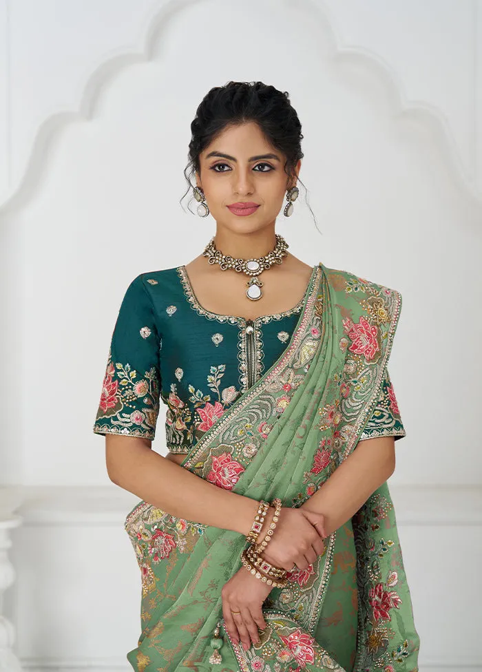 Green Spun Pure Silk Saree With Blouse Piece