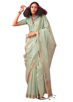 Green Spun Silk Saree With Blouse Piece