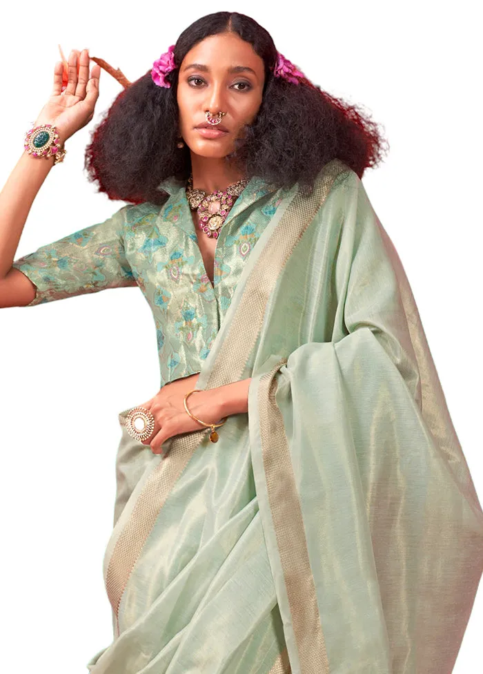 Green Spun Silk Saree With Blouse Piece