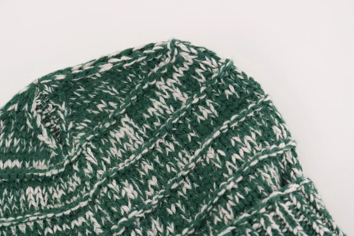 Green White Wool Winter Beanie