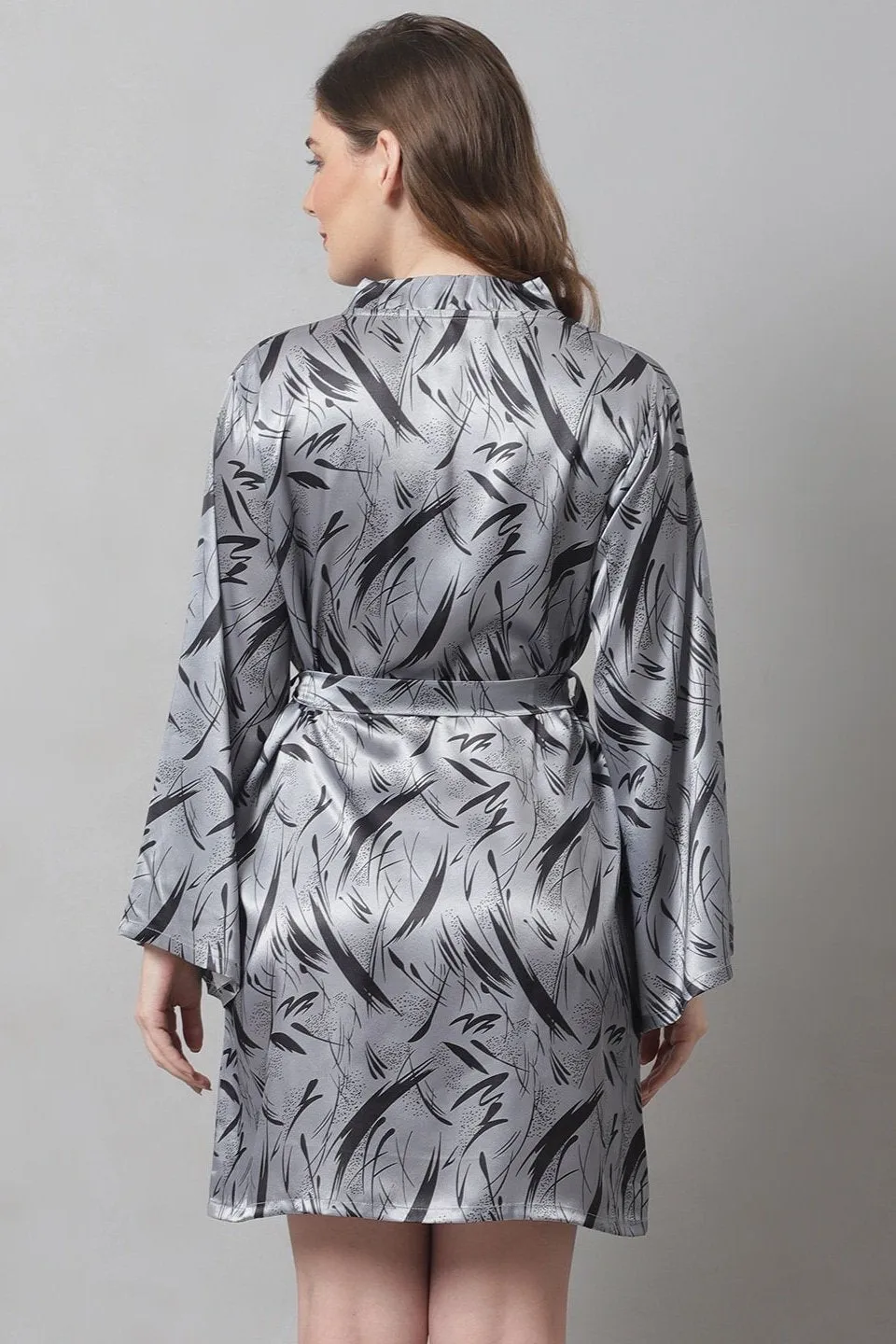 Grey Abstract Printed Satin Robe