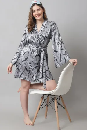 Grey Abstract Printed Satin Robe