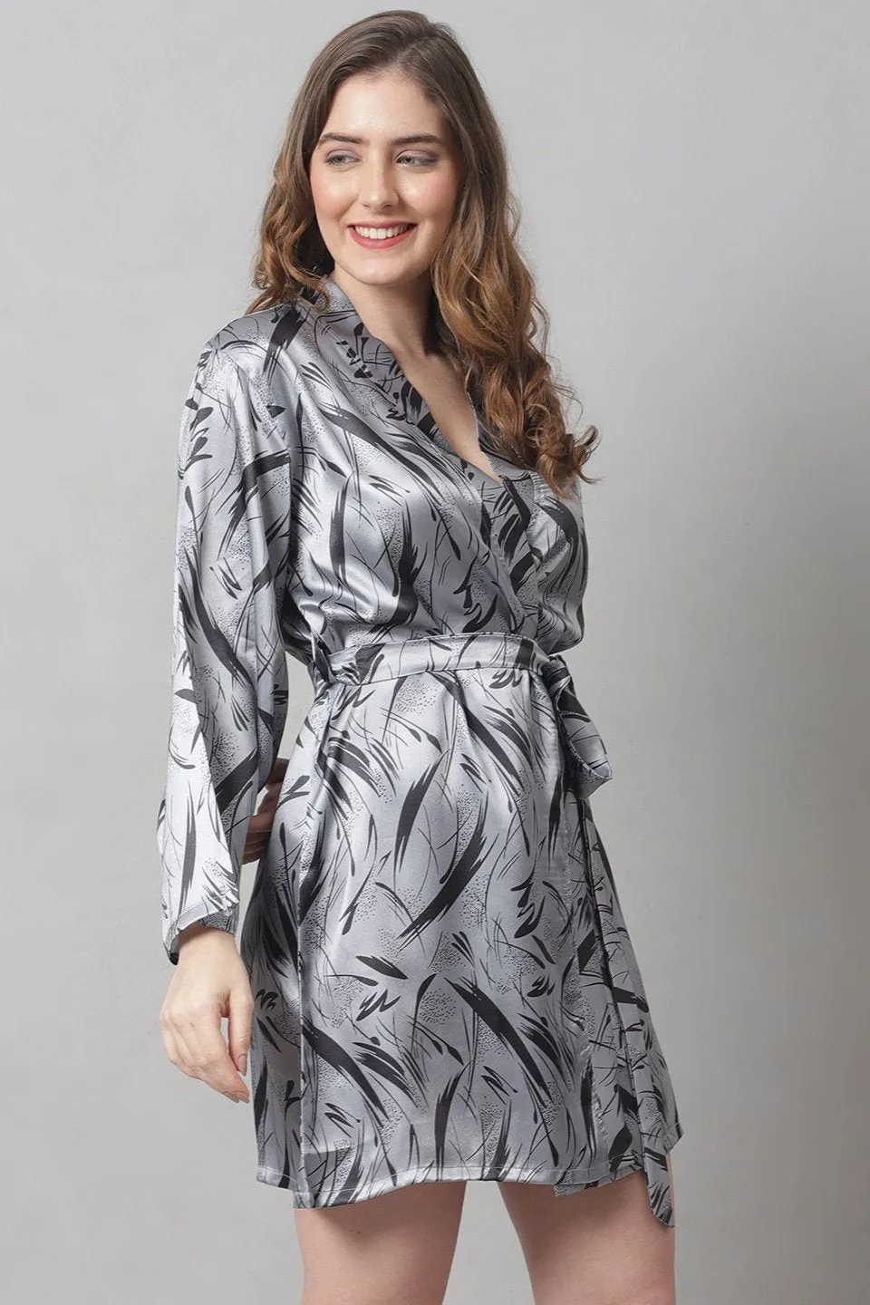 Grey Abstract Printed Satin Robe