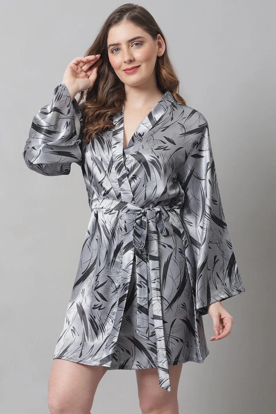 Grey Abstract Printed Satin Robe