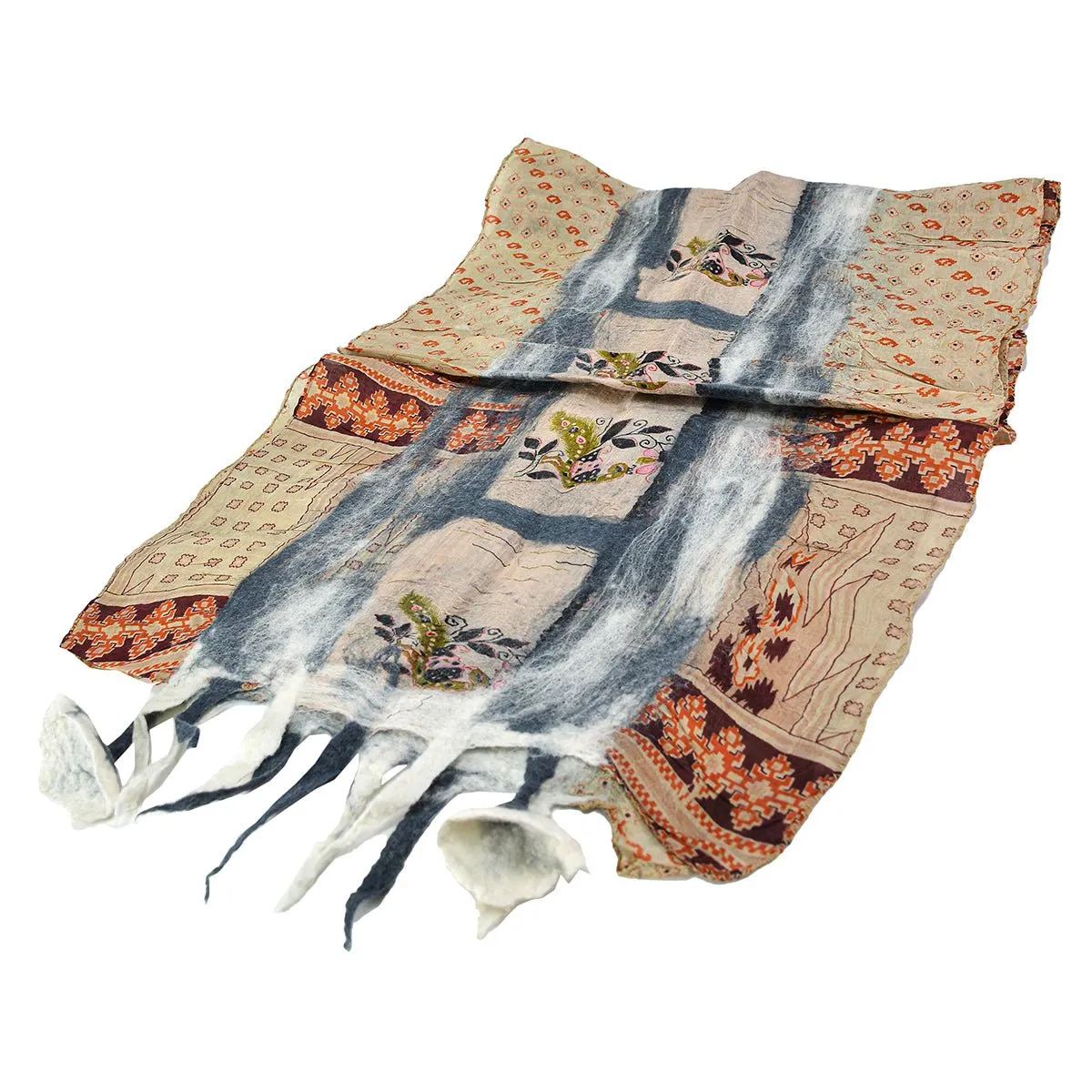 Grey Felt and Saree Vintage Scarves with Flower Hanging