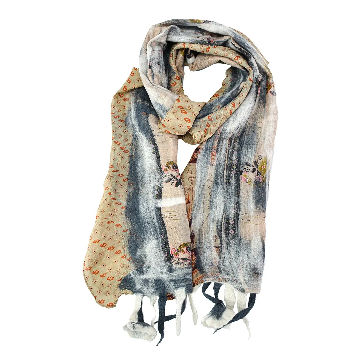 Grey Felt and Saree Vintage Scarves with Flower Hanging