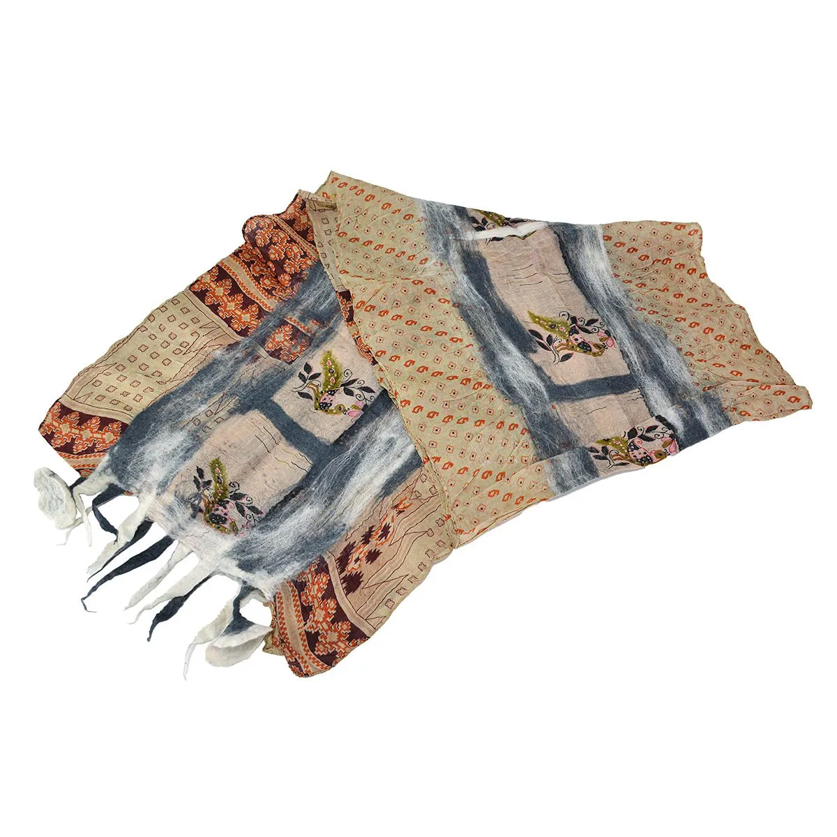 Grey Felt and Saree Vintage Scarves with Flower Hanging