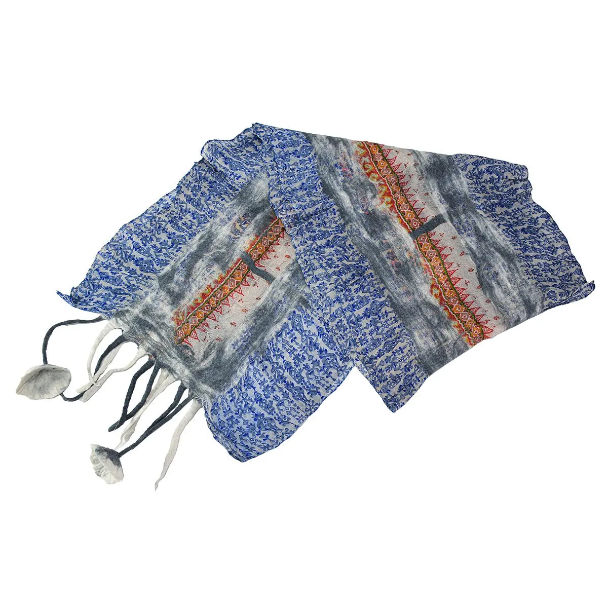 Grey Felt and Saree Vintage Scarves with Flower Hanging