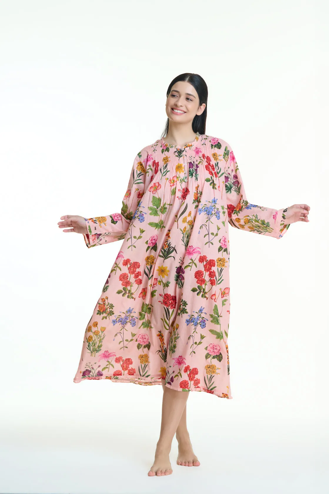 Hand Block Printed Long sleeve Nightie - Pink with Multi Colour Floral