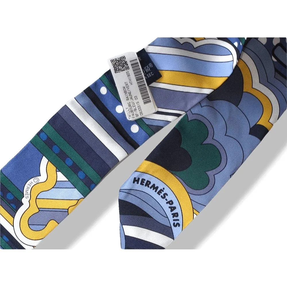 Hermes Blue Yellow Green Faubourg Rainbow Silk Twilly NWTIB!