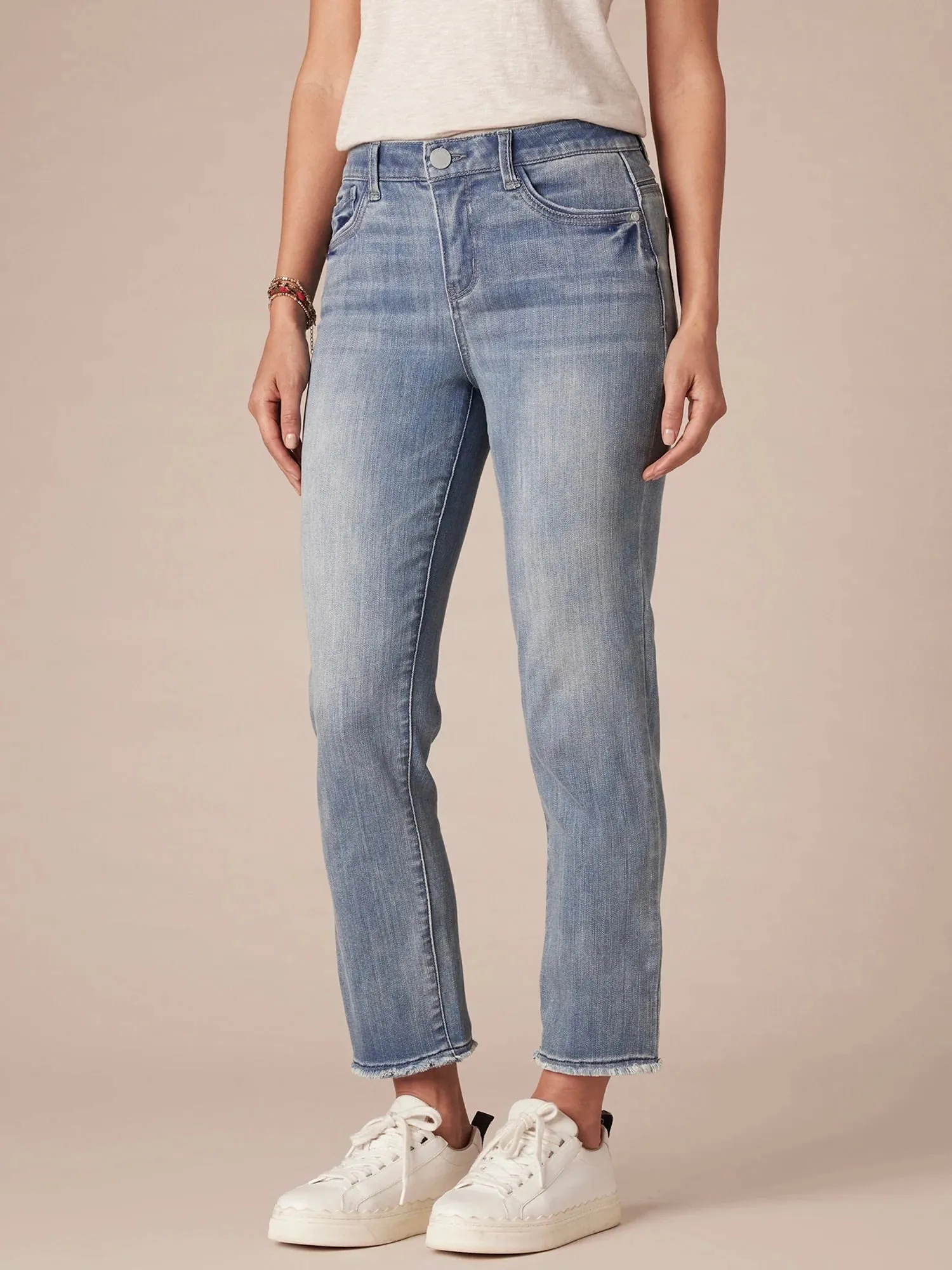 High Rise Slim Straight Jean - Mid Blue Denim