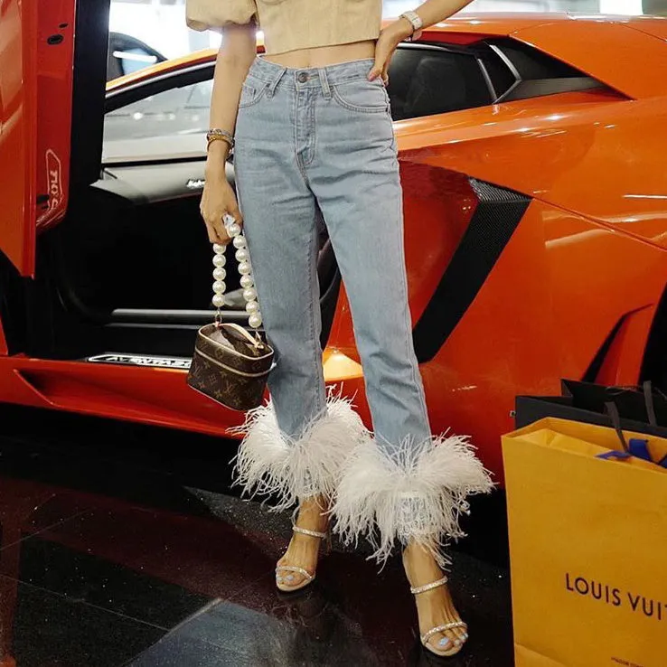 High Waist Loose Slim Pants with Ostrich Feather